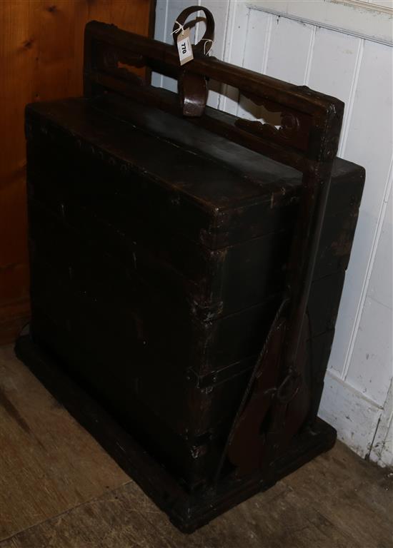 A late 18th/early 19th century Chinese iron bound wooden wedding dowry chest, W. 2ft 8in. D. 1ft 4in. H. 3ft 4in.